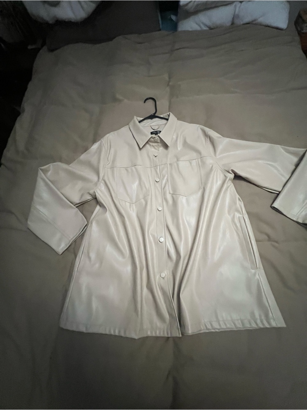 Cream Faux Leather Button Front Shirt Jacket